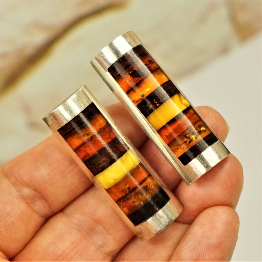 Elegant Bar Style  AMBER EARRINGS In 925 Silver, Rare To Find Gift For Her